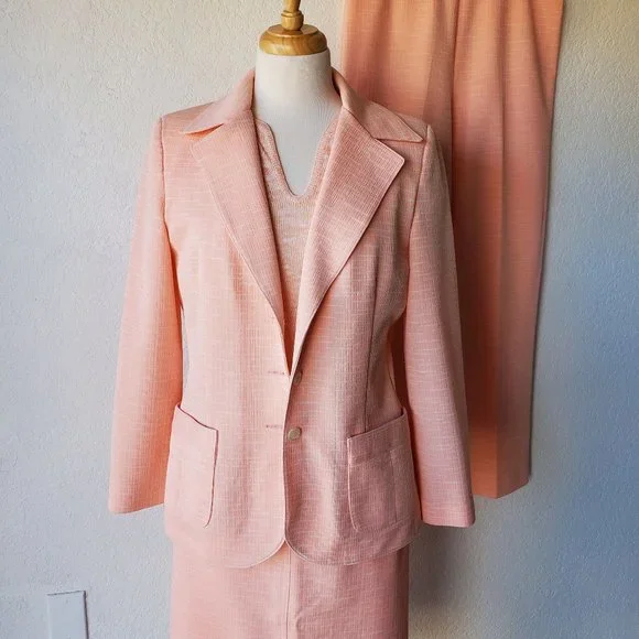 Koret California 70s Vintage 4 Piece Pant Skirt Suit Set Top Knit Polyester M/L - Picture 2 of 10